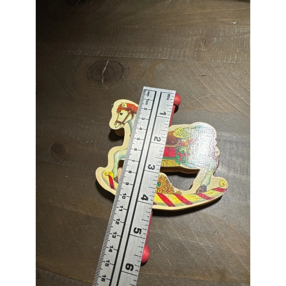 Vintage Wooden Rocking Horse Christmas Ornament Red White Gold Equestrian 0028